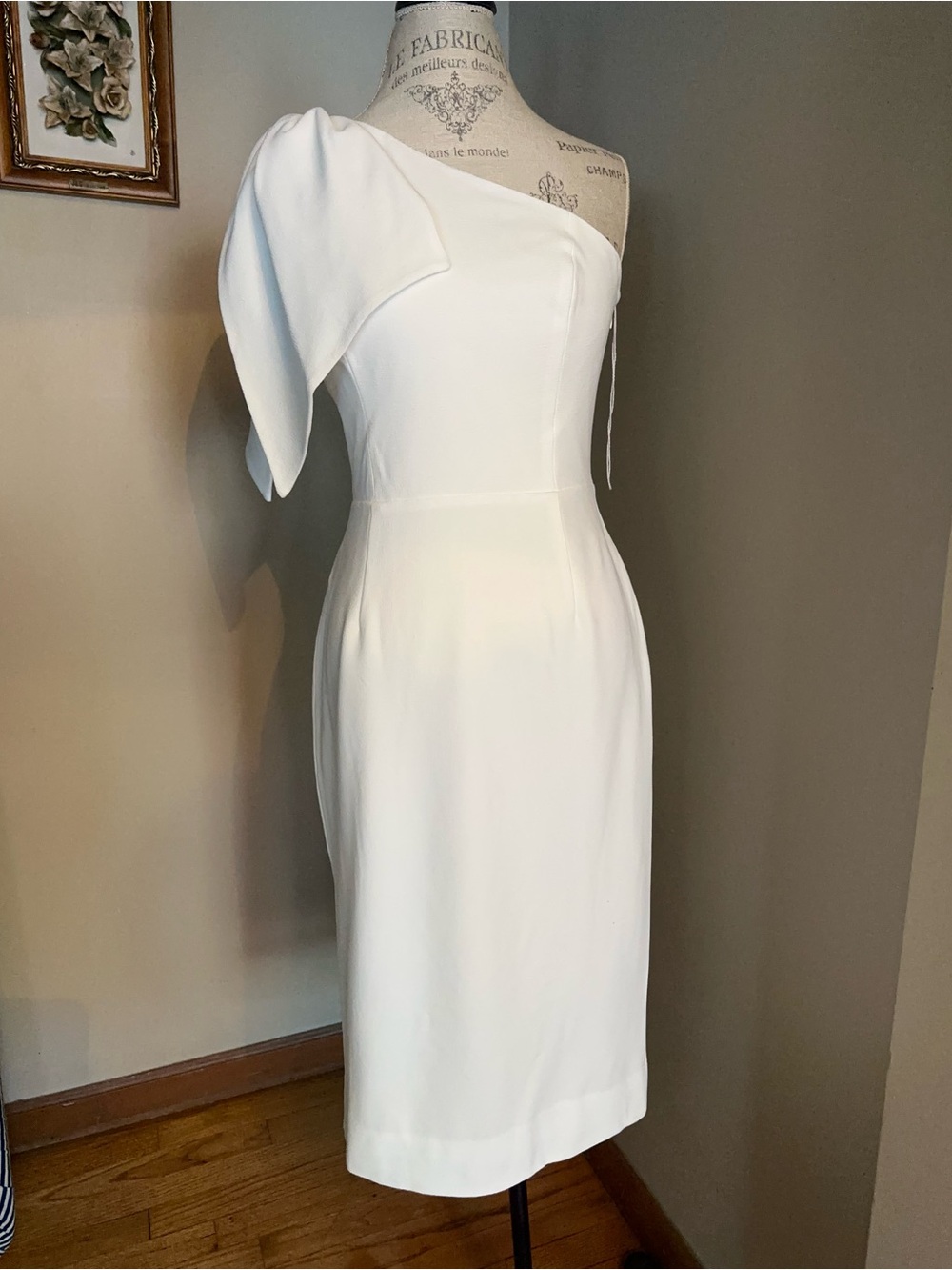Adrianna Papell One-Shoulder White Midi Dress with Draped Sleeve